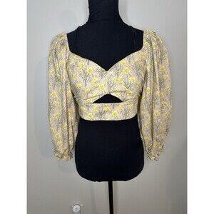 Mable Floral Crop Top 3/4 Puff Sleeve Tie Back Cut Out Sz L #1221